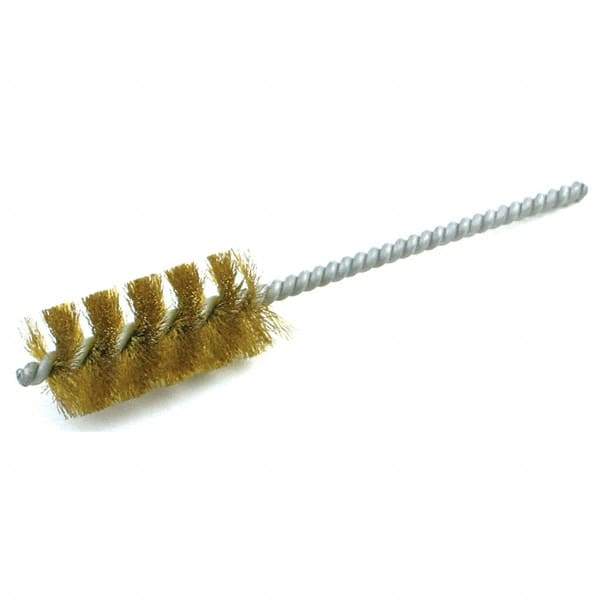 Brush Research Mfg. - 9/16" Diam Helical Brass Tube Brush - Single Spiral, 0.005" Filament Diam, 1-1/2" Brush Length, 5" OAL, 0.19" Diam Galvanized Steel Shank - A1 Tooling