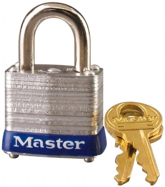 Master Lock - 9/16" Shackle Clearance, Keyed Alike General Security Padlock - 3/16" Shackle Diam, Laminated Steel - A1 Tooling