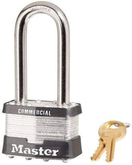 Master Lock - 2-1/2" Shackle Clearance, Keyed Different Padlock - 15/16" Shackle Width, 3/8" Shackle Diam, Laminated Steel - A1 Tooling