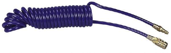 Coilhose Pneumatics - 1/4" ID, 1/4 Thread, 25' Long, Blue Polyurethane Coiled & Self Storing Hose - 125 Max psi, Industrial Interchange Coupler x Plug - A1 Tooling