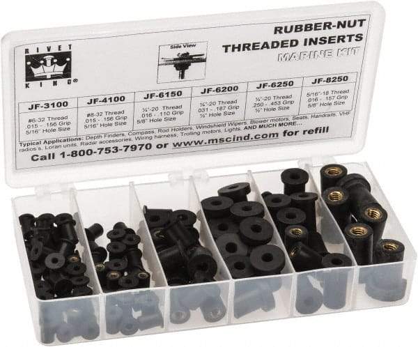 RivetKing 115 Piece #8-32 to 1/4-20 Thread Neoprene Well Nut Assortment 5/16 to 1/2" Body Diam, Includes #10-32 x 3/8, #8-32 x 5/16 & 1/4-20 x 1/2 - A1 Tooling