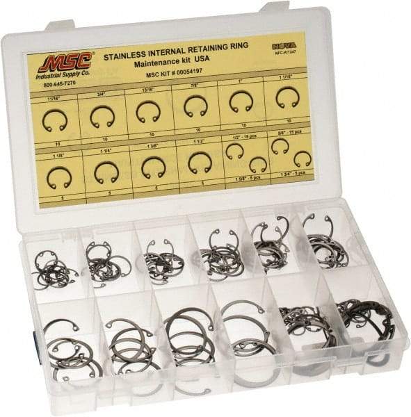 Value Collection - 120 Piece, 1/2 to 1-3/4", Stainless Steel, Snap Internal Retaining Ring Assortment - Includes Compartmented Case, Specification Labels - A1 Tooling