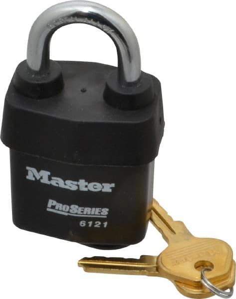 Master Lock - 1-1/8" Shackle Clearance, Keyed Different Pro Series Solid Steel Padlock - 5/16" Shackle Diam, Laminated Steel - A1 Tooling