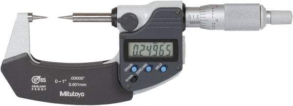 Mitutoyo - 1 Inch, 32mm Throat Depth, Ratchet Stop, Digital Point Micrometer - Accurate Up to 0.0001 Inch, 15° Point Angle - A1 Tooling