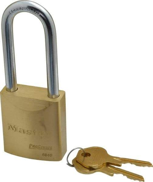 Master Lock - 2-7/16" Shackle Clearance, Keyed Different Pro Series Padlock - 29/32" Shackle Width, 5/16" Shackle Diam, Brass - A1 Tooling