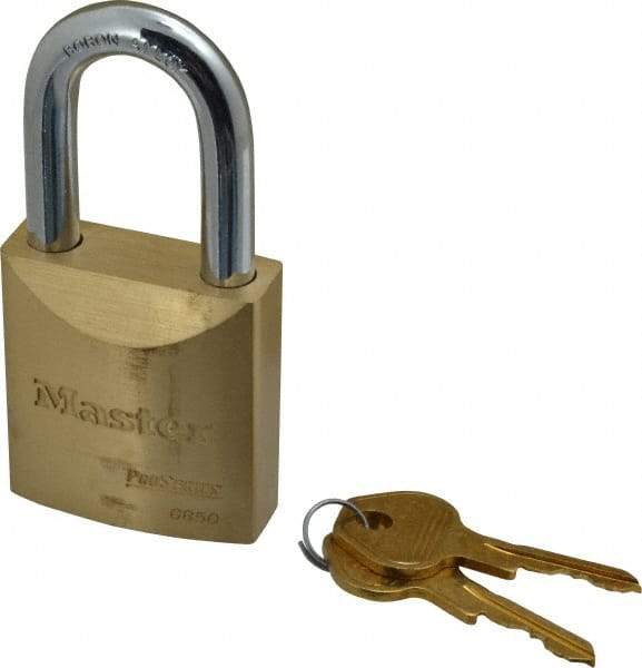 Master Lock - 1-1/2" Shackle Clearance, Keyed Different Pro Series Padlock - 29/32" Shackle Width, 3/8" Shackle Diam, Brass - A1 Tooling