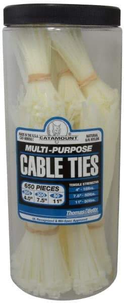 Thomas & Betts - 4 to 11 Inch Range, White Cable Ties - 3 Inch Bundle Diameter, 18, 40 and 50 Lb. Strength, Nylon - A1 Tooling