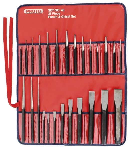 Proto - 26 Piece Punch & Chisel Set - 1/4 to 7/8" Chisel, 3/8 to 1/4" Punch, Round Shank - A1 Tooling