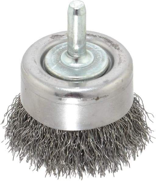 Osborn - 2" Diam, 1/4" Shank Diam, Steel Fill Cup Brush - 0.0118 Wire Diam, 5/8" Trim Length, 10,500 Max RPM - A1 Tooling