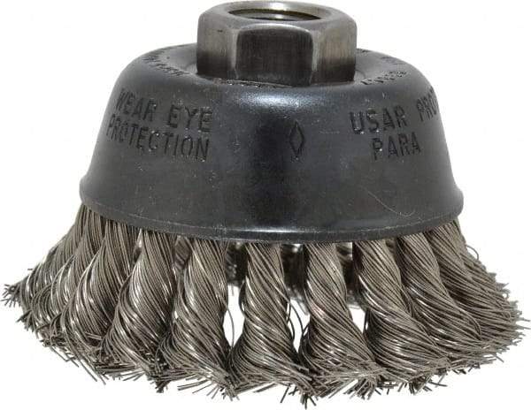 Osborn - 2-3/4" Diam, 5/8-11 Threaded Arbor, Stainless Steel Fill Cup Brush - 0.014 Wire Diam, 14,000 Max RPM - A1 Tooling