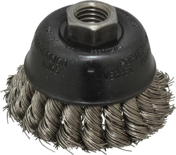 Osborn - 2-3/4" Diam, 5/8-11 Threaded Arbor, Stainless Steel Fill Cup Brush - 0.02 Wire Diam, 14,000 Max RPM - A1 Tooling