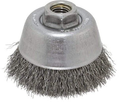 Osborn - 3-1/2" Diam, 5/8-11 Threaded Arbor, Steel Fill Cup Brush - 0.014 Wire Diam, 7/8" Trim Length, 14,000 Max RPM - A1 Tooling