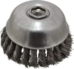 Osborn - 4" Diam, 5/8-11 Threaded Arbor, Steel Fill Cup Brush - 0.025 Wire Diam, 1-1/4" Trim Length, 6,000 Max RPM - A1 Tooling