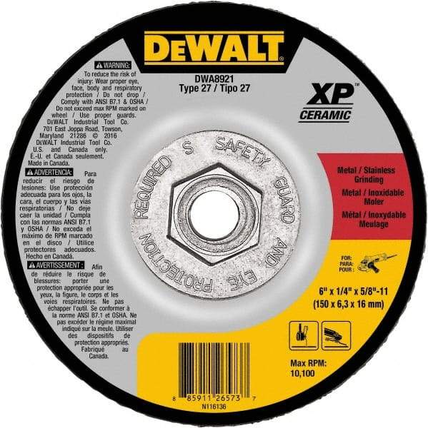 DeWALT - 24 Grit, 6" Wheel Diam, Type 27 Depressed Center Wheel - Coarse/Medium Grade, Ceramic, N Hardness, 10,100 Max RPM - A1 Tooling