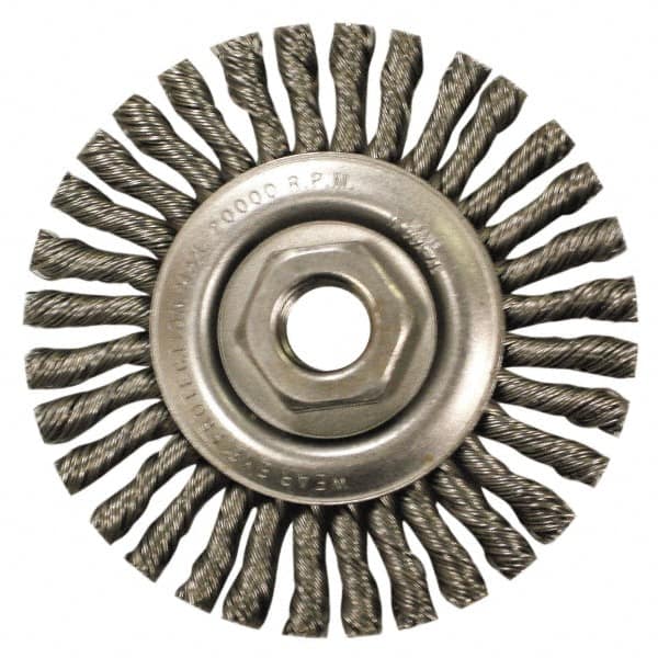 Anderson - 4" OD, M10x1.50 Arbor Hole, Knotted Stainless Steel Wheel Brush - 1/4" Face Width, 7/8" Trim Length, 0.02" Filament Diam, 20,000 RPM - A1 Tooling