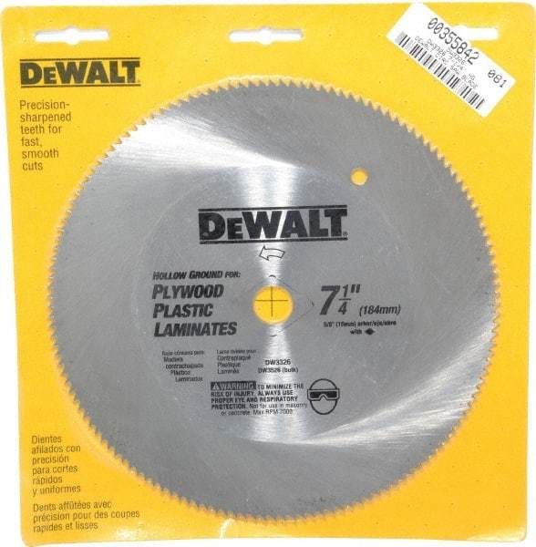 DeWALT - 7-1/4" Diam, 5/8" Arbor Hole Diam, 140 Tooth Wet & Dry Cut Saw Blade - Steel, Smooth Action, Standard Round Arbor - A1 Tooling