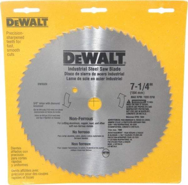 DeWALT - 7-1/4" Diam, 5/8" Arbor Hole Diam, 68 Tooth Wet & Dry Cut Saw Blade - Steel, Smooth Action, Standard Round Arbor - A1 Tooling