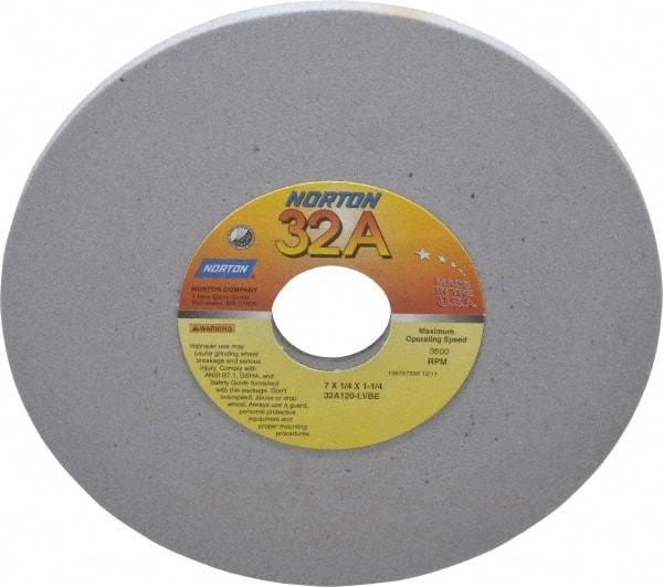 Norton - 7" Diam x 1-1/4" Hole x 1/4" Thick, L Hardness, 120 Grit Surface Grinding Wheel - Aluminum Oxide, Type 1, Fine Grade, 3,600 Max RPM, Vitrified Bond, No Recess - A1 Tooling