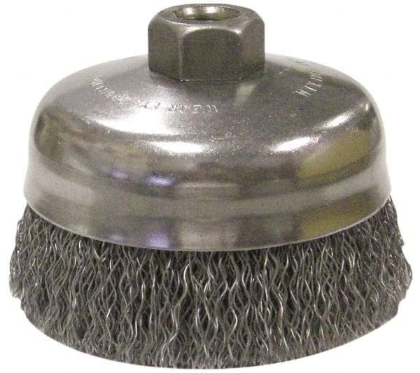 Anderson - 5" Diam, 5/8-11 Threaded Arbor, Steel Fill Cup Brush - 0.014 Wire Diam, 1-1/4" Trim Length, 9,000 Max RPM - A1 Tooling