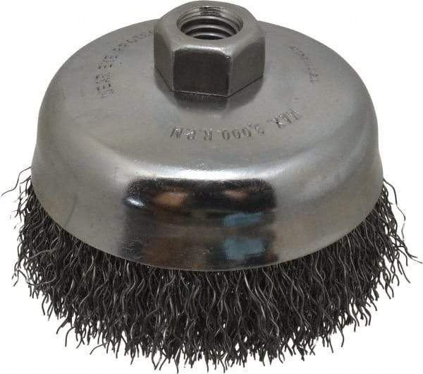 Anderson - 5" Diam, 5/8-11 Threaded Arbor, Steel Fill Cup Brush - 0.02 Wire Diam, 1-1/4" Trim Length, 9,000 Max RPM - A1 Tooling