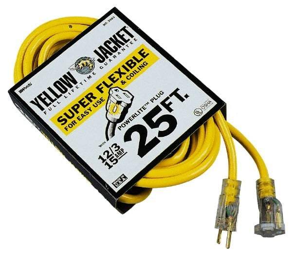 Southwire - 25', 12/3 Gauge/Conductors, Yellow Outdoor Extension Cord - 1 Receptacle, 15 Amps, 125 VAC, UL SJTW-A, NEMA 5-15P, 5-15R - A1 Tooling