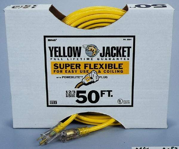 Southwire - 50', 12/3 Gauge/Conductors, Yellow Outdoor Extension Cord - 1 Receptacle, 15 Amps, 125 VAC, UL SJTW-A, NEMA 5-15P, 5-15R - A1 Tooling