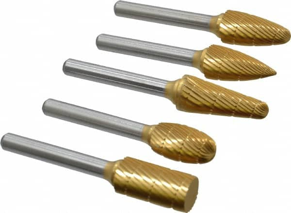 Made in USA - 5 Piece, 1/2" Shank Burr Set - Tungsten Carbide, Multiple Head Shape - A1 Tooling