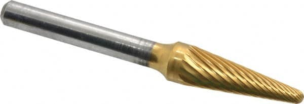 Atrax - 3/8" Cut Diam, 1/4" Shank Diam, Taper Head Single Cut Burr - Carbide, Radius End, 1-1/16" LOC, 2-3/4" OAL - A1 Tooling