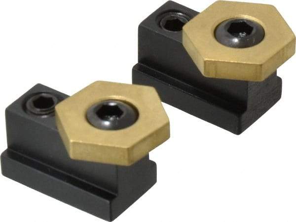 Mitee-Bite - 13/16" Brass Hex, 7/16" T-Slot, 5/16-18 Stud Thread, Symmetrical Hex Clamp - 3/16" Hex Height, 800 Lb Holding Force, 1/2" Long Thread, 8.3 Ft/Lb Torque, 2 Clamps - A1 Tooling