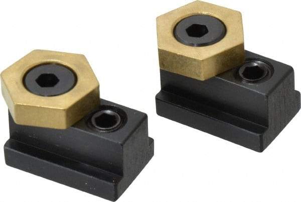 Mitee-Bite - 13/16" Brass Hex, 1/2" T-Slot, 3/8-16 Stud Thread, Symmetrical Hex Clamp - 1/4" Hex Height, 2,000 Lb Holding Force, 3/4" Long Thread, 20.8 Ft/Lb Torque, 2 Clamps - A1 Tooling