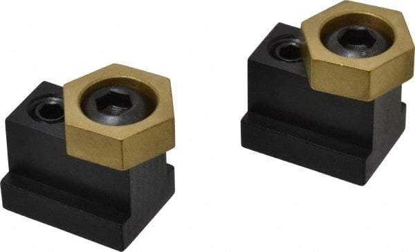 Mitee-Bite - 1" Brass Hex, 11/16" T-Slot, 1/2-13 Stud Thread, Symmetrical Hex Clamp - 3/8" Hex Height, 3,000 Lb Holding Force, 1" Long Thread, 45 Ft/Lb Torque, 2 Clamps - A1 Tooling