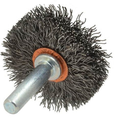 Weiler - 1-1/2" OD, 1/4" Shank Diam, Crimped Steel Wheel Brush - 1/2" Face Width, 1/2" Trim Length, 0.0118" Filament Diam, 20,000 RPM - A1 Tooling