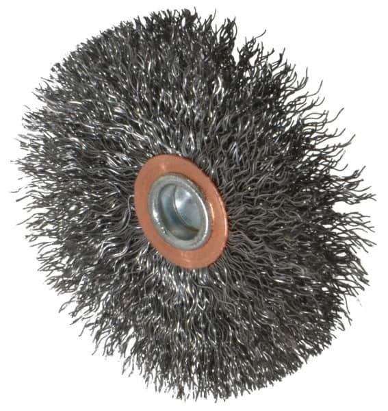 Weiler - 3" OD, 1/4" Shank Diam, Crimped Steel Wheel Brush - 1/2" Face Width, 1" Trim Length, 0.0118" Filament Diam, 20,000 RPM - A1 Tooling