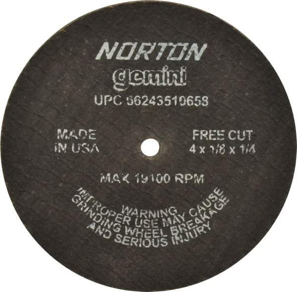 Norton - 4" Aluminum Oxide Cutoff Wheel - 1/8" Thick, 1/4" Arbor, 19,100 Max RPM, Use with Die Grinders - A1 Tooling