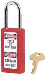 Master Lock - Keyed Alike Conductive Lockout Padlock - 1-1/2" Shackle Clearance, 1/4" Shackle Diam, 1-3/4" Body Height x 1-1/2" Body Width, Red, 6 Pins - A1 Tooling