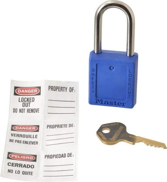 Master Lock - Keyed Alike Conductive Lockout Padlock - 1-1/2" Shackle Clearance, 1/4" Shackle Diam, 1-3/4" Body Height x 1-1/2" Body Width, Blue, 6 Pins - A1 Tooling