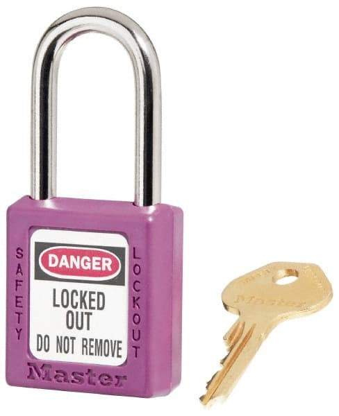 Master Lock - Keyed Alike Conductive Lockout Padlock - 1-1/2" Shackle Clearance, 1/4" Shackle Diam, 1-3/4" Body Height x 1-1/2" Body Width, Purple, 6 Pins - A1 Tooling