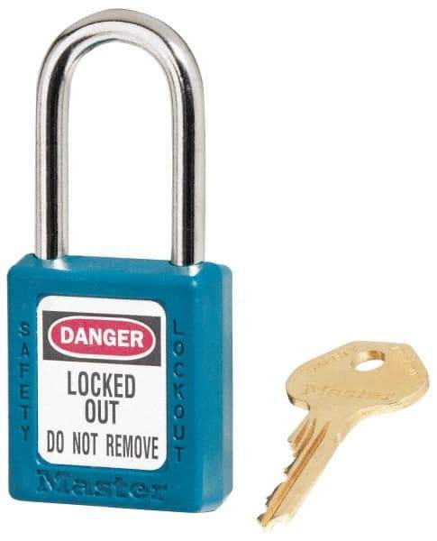 Master Lock - Keyed Alike Conductive Lockout Padlock - 1-1/2" Shackle Clearance, 1/4" Shackle Diam, 1-3/4" Body Height x 1-1/2" Body Width, Teal, 6 Pins - A1 Tooling