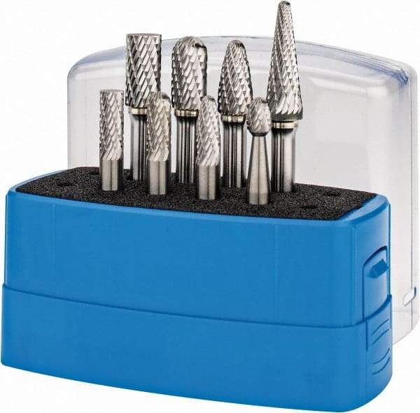 Made in USA - 8 Piece, 1/4" Shank Burr Set - Tungsten Carbide, Multiple Head Shape - A1 Tooling