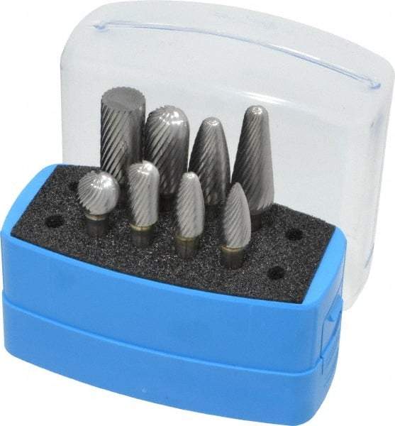 Made in USA - 8 Piece, 1/4" Shank Burr Set - Solid Carbide, Multiple Head Shapes, 14° Included Angle - A1 Tooling