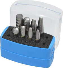 Made in USA - 8 Piece, 1/4" Shank Burr Set - Solid Carbide, Multiple Head Shapes, 14° Included Angle - A1 Tooling