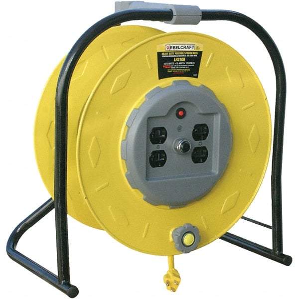 Reelcraft - 10 AWG, 100' Cable Length, Cord & Cable Reel with Quad Outlet End - 4 Outlets, 15 Amps, 125 Volts, STW Cable, Yellow Reel, Hand Crank Reel - A1 Tooling