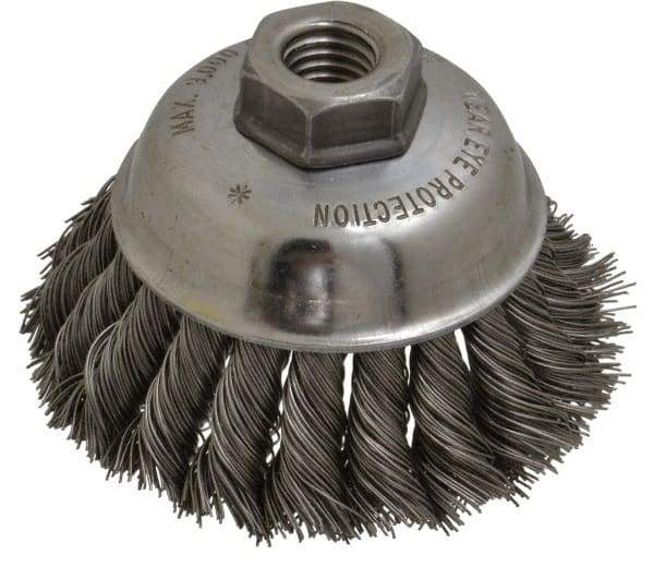 Anderson - 3-1/2" Diam, 5/8-11 Threaded Arbor, Steel Fill Cup Brush - 0.02 Wire Diam, 1-1/4" Trim Length, 9,000 Max RPM - A1 Tooling