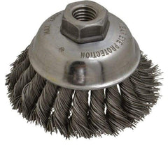 Anderson - 3-1/2" Diam, 5/8-11 Threaded Arbor, Steel Fill Cup Brush - 0.02 Wire Diam, 1-1/4" Trim Length, 9,000 Max RPM - A1 Tooling