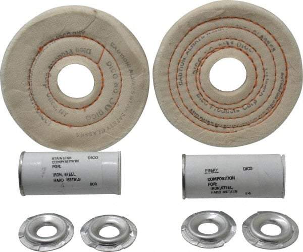 Dico - 4" Diam Cushion Sewn, Spiral Sewn Buffing Wheel Set - 1/2" Arbor Hole, Emery - A1 Tooling