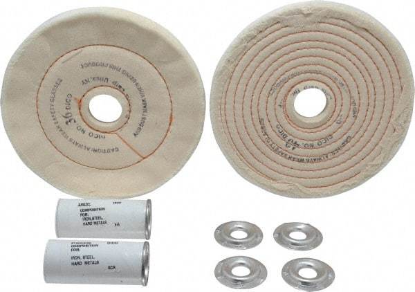 Dico - 6" Diam Cushion Sewn, Spiral Sewn Buffing Wheel Set - 1/2 - 1" Arbor Hole, Emery - A1 Tooling