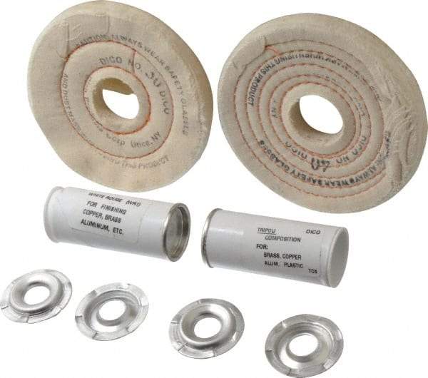 Dico - 4" Diam Cushion Sewn, Spiral Sewn Buffing Wheel Set - 1/2 - 1" Arbor Hole, Tripoli - A1 Tooling