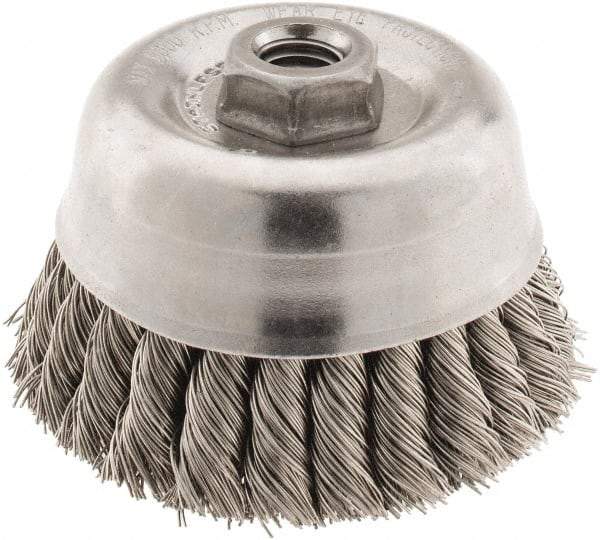 Anderson - 4" Diam, 5/8-11 Threaded Arbor, Stainless Steel Fill Cup Brush - 0.02 Wire Diam, 1-1/4" Trim Length, 9,000 Max RPM - A1 Tooling