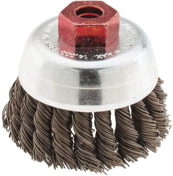 Anderson - 2-3/4" Diam, M10x1.50 Threaded Arbor, Steel Fill Cup Brush - 0.02 Wire Diam, 3/4" Trim Length, 14,000 Max RPM - A1 Tooling