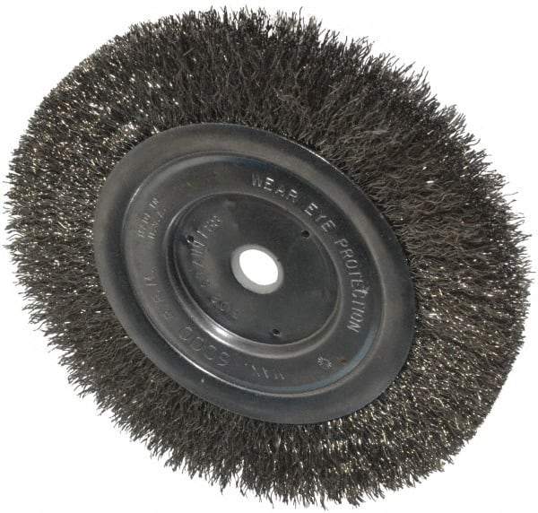 Anderson - 6" OD, 1/2" Arbor Hole, Crimped Stainless Steel Wheel Brush - 1/2" Face Width, 1-1/16" Trim Length, 0.0104" Filament Diam, 6,000 RPM - A1 Tooling